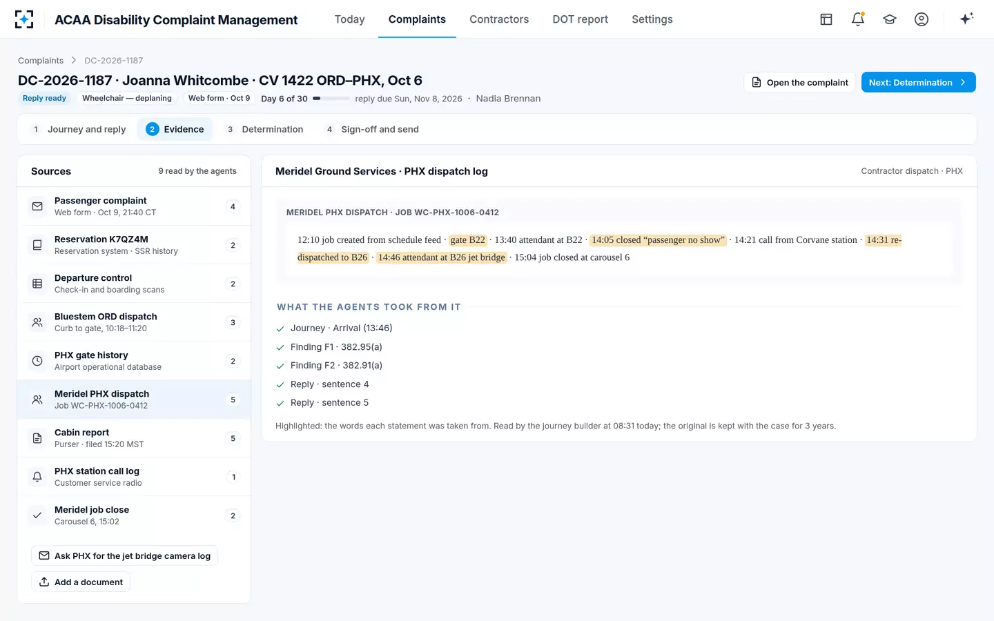 ACAA Disability Complaint Management — The evidence viewer