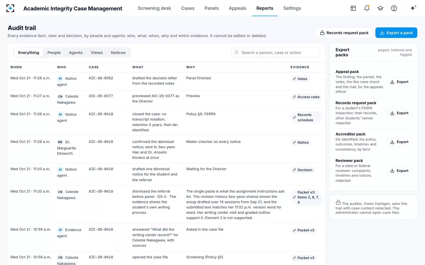 Academic Integrity Case Management — The audit trail and export packs