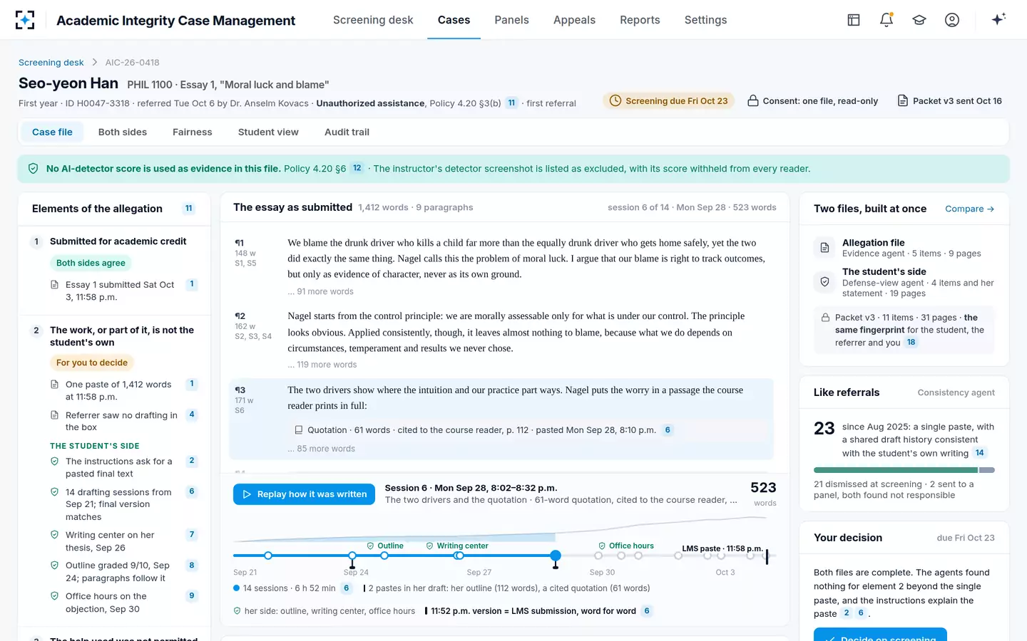 Academic Integrity Case Management — The case file, with the writing replayed