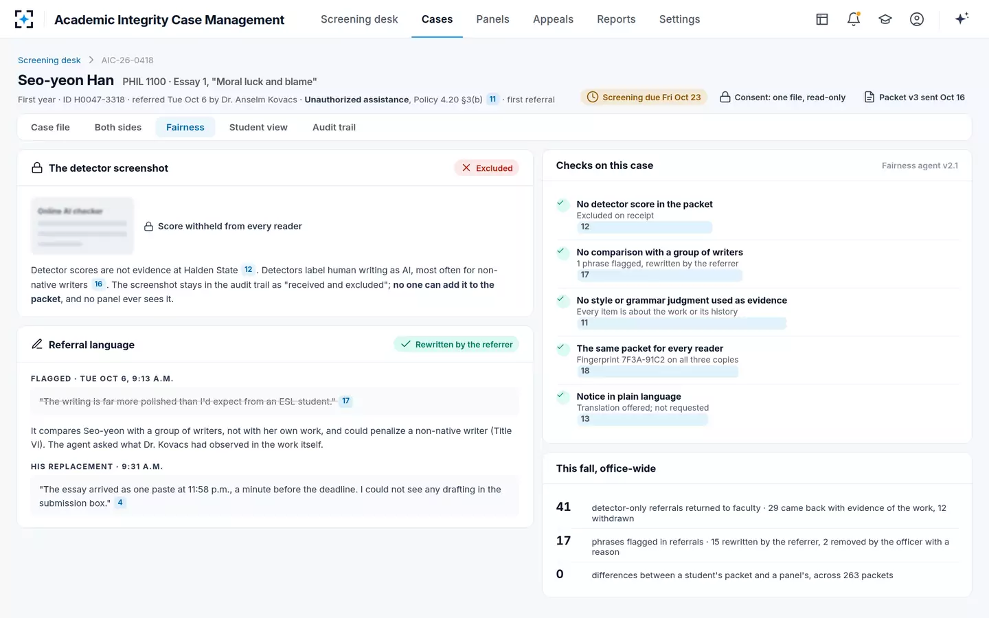 Academic Integrity Case Management — The detector score, excluded