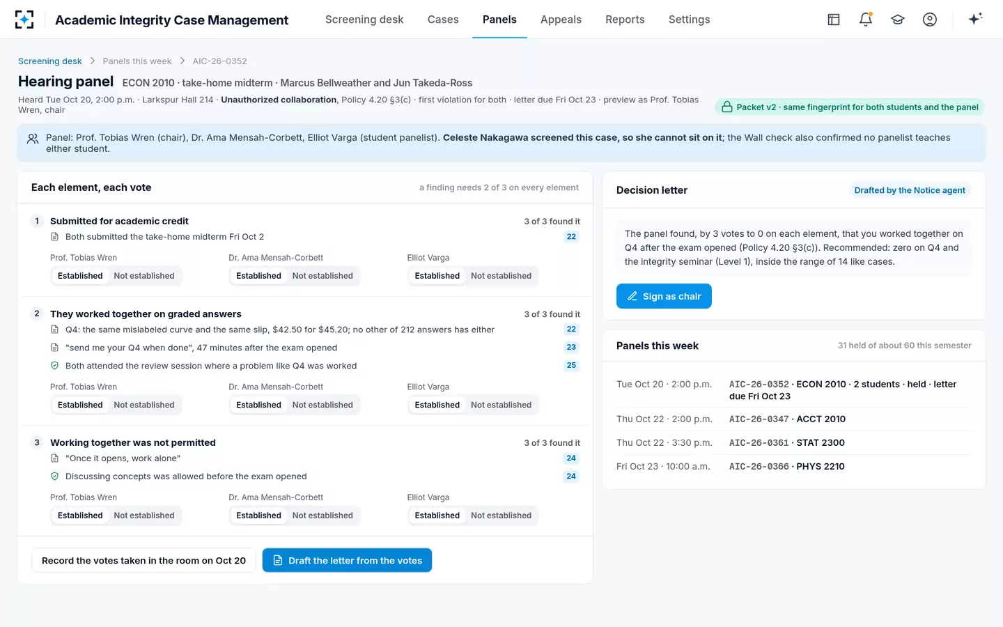 Academic Integrity Case Management — The academic integrity hearing board, element by element