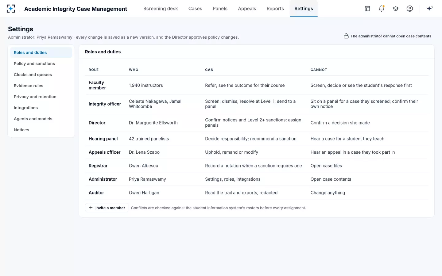Academic Integrity Case Management — Roles and separation of duties