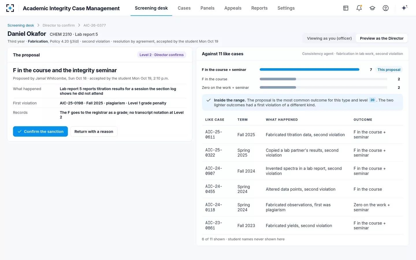 Academic Integrity Case Management — Academic integrity sanctions checked against like cases