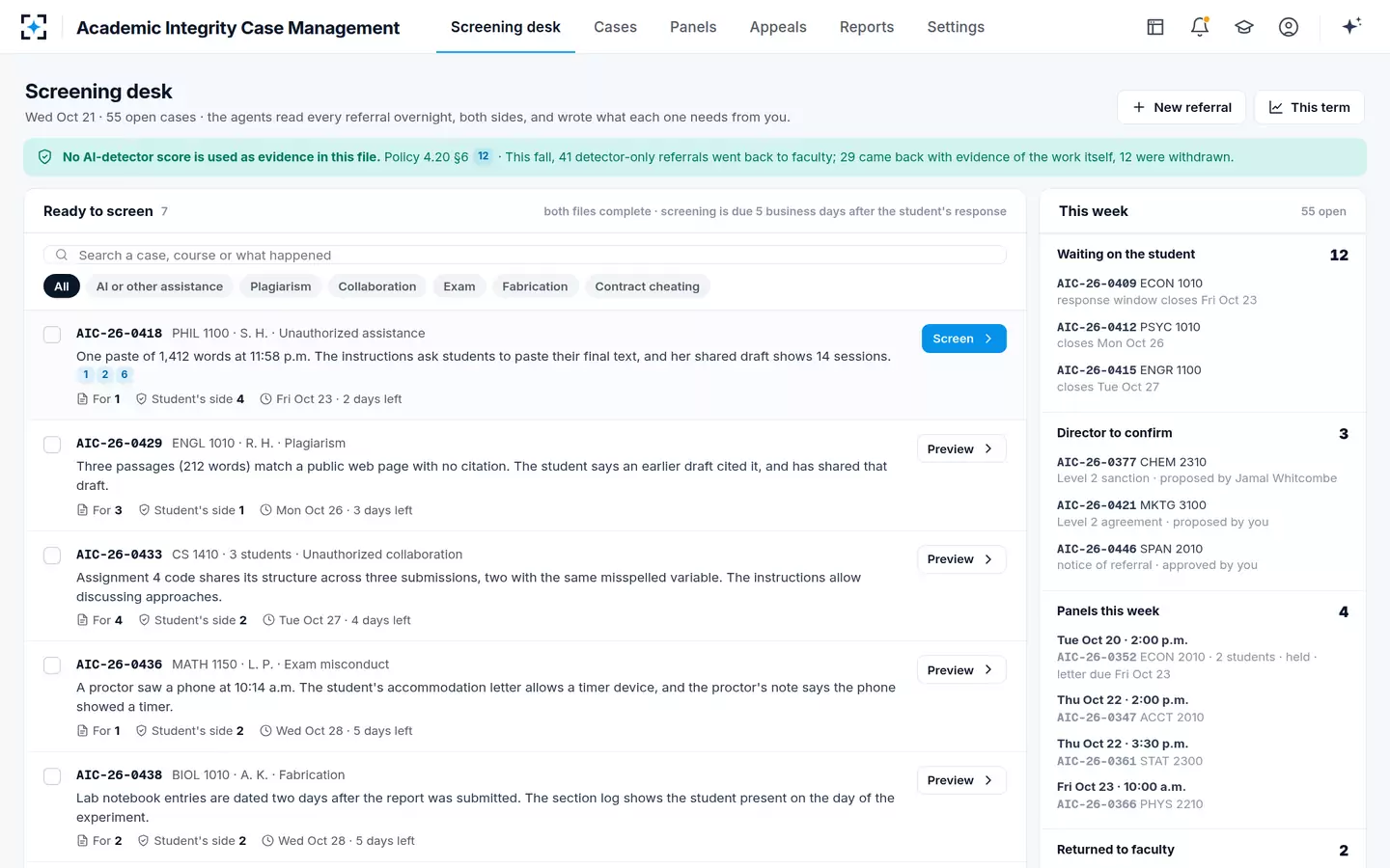 Academic Integrity Case Management — The officer's screening desk