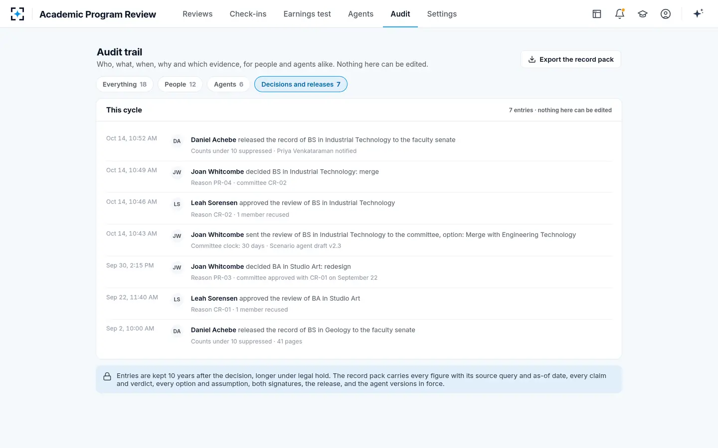 Academic Program Review — Every send, approval, decision and release on the record