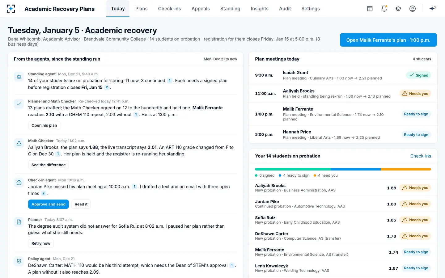 Academic Recovery Plans — The advisor's day, from the agents