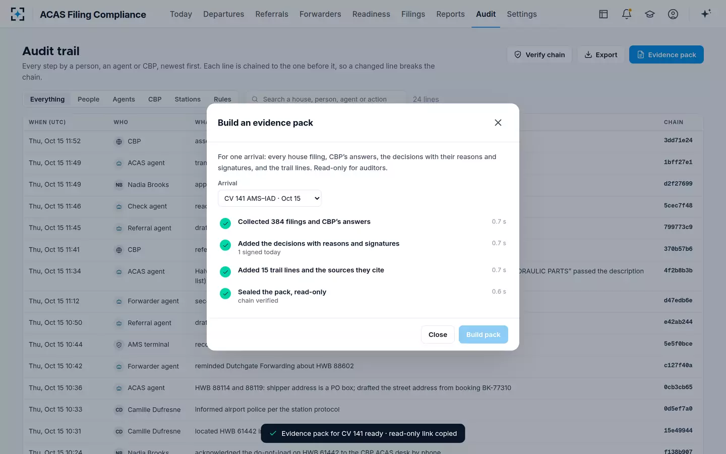 ACAS Filing Compliance — Evidence pack