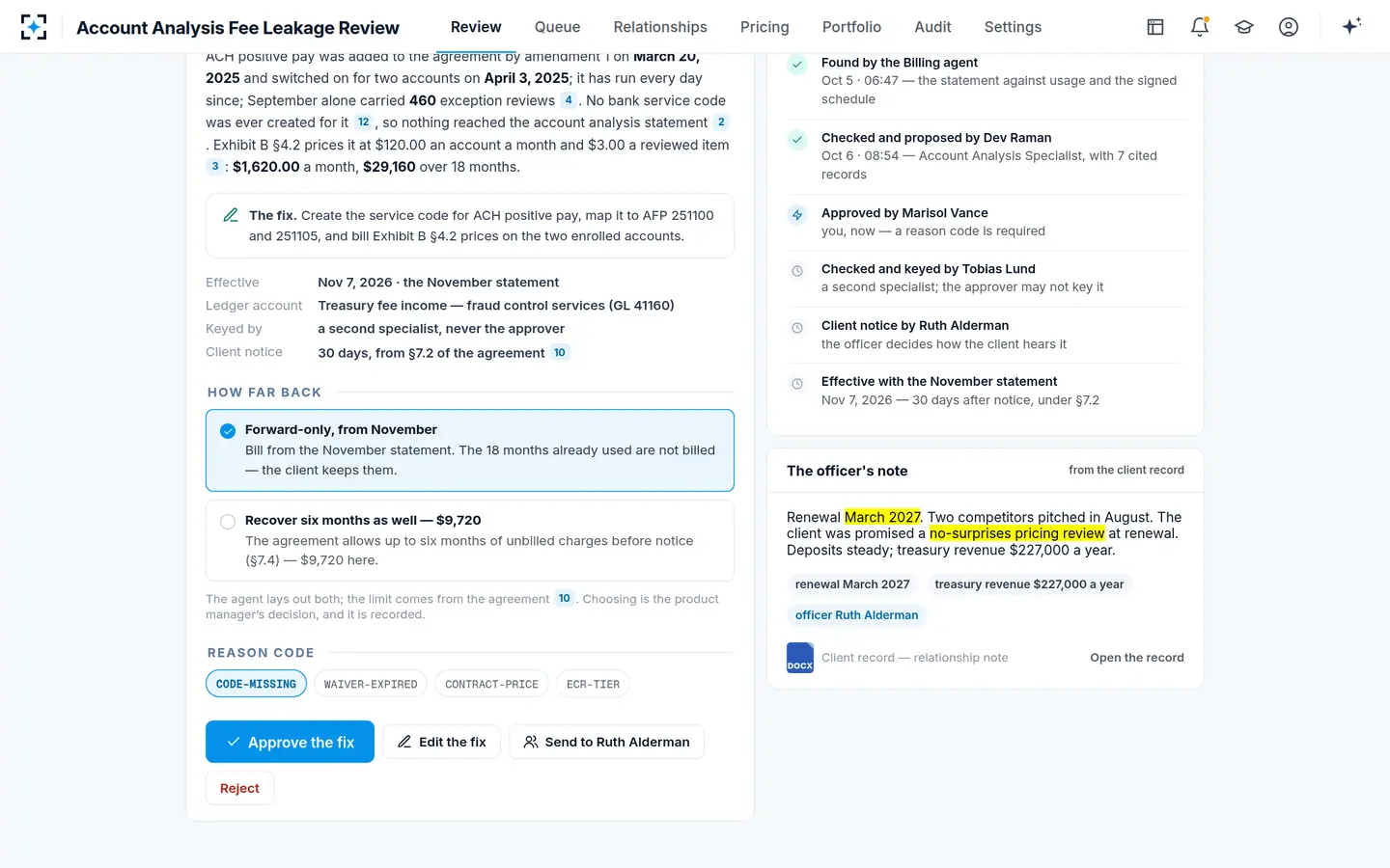 Account Analysis Fee Leakage Review — Forward-only, or the recovery the agreement allows