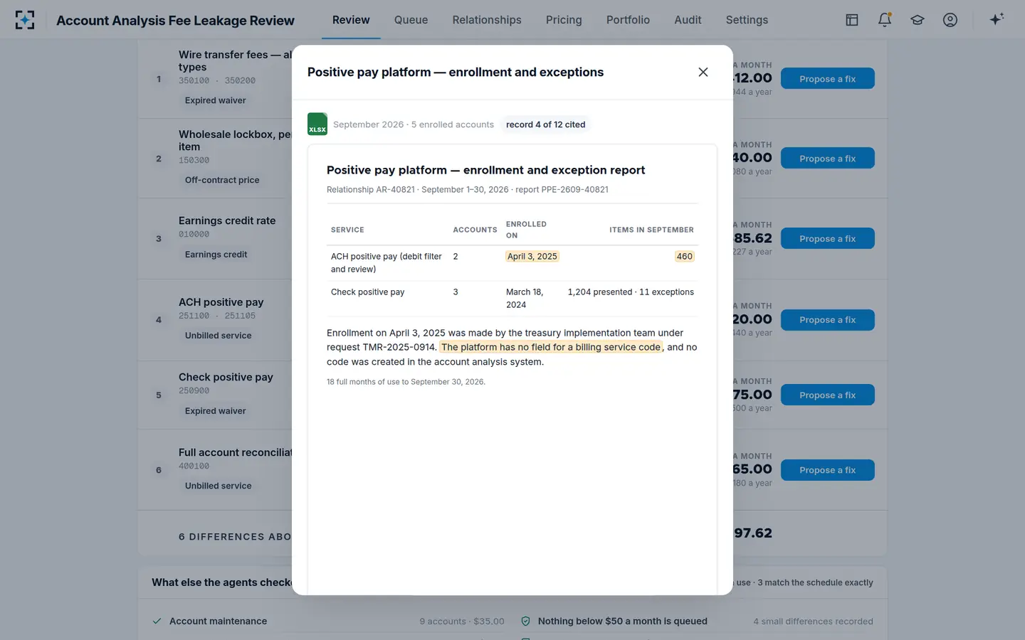 Account Analysis Fee Leakage Review — Every number opens the record it came from