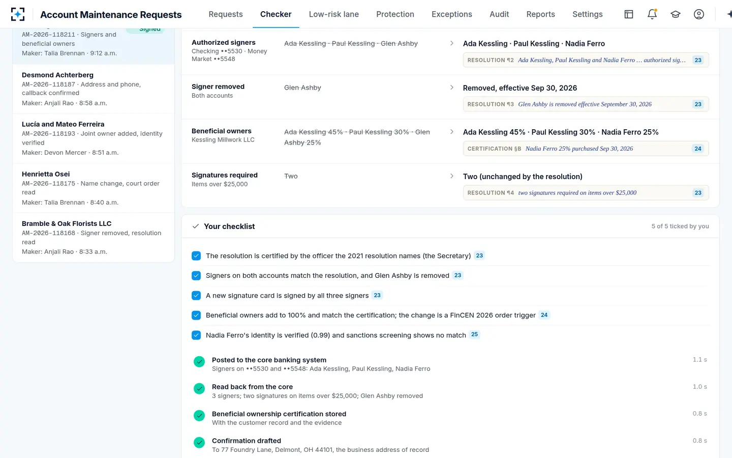 Account Maintenance Requests — Maker-checker on a business signer change