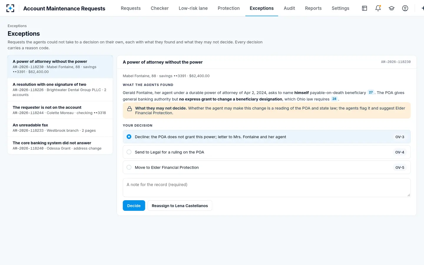 Account Maintenance Requests — Exceptions, with what the agents may not decide