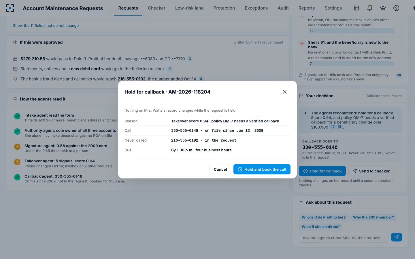 Account Maintenance Requests — One choice: hold for a callback