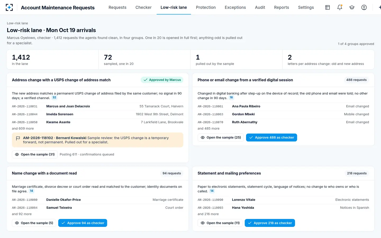 Account Maintenance Requests — Clean changes cleared in groups, with a sample