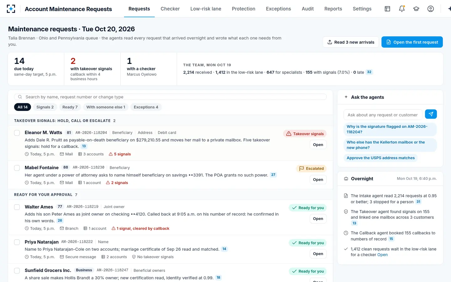 Account Maintenance Requests — The specialist's queue, sorted by what each request needs