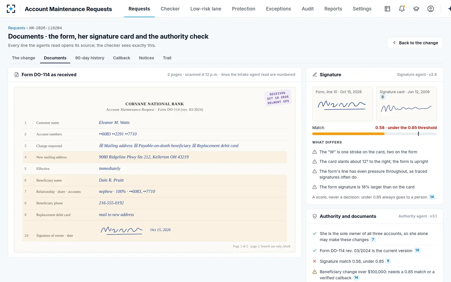 Account Maintenance Requests — The signature card, the signature and the authority check