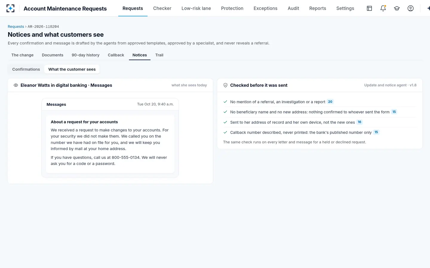 Account Maintenance Requests — What the customer sees reveals nothing