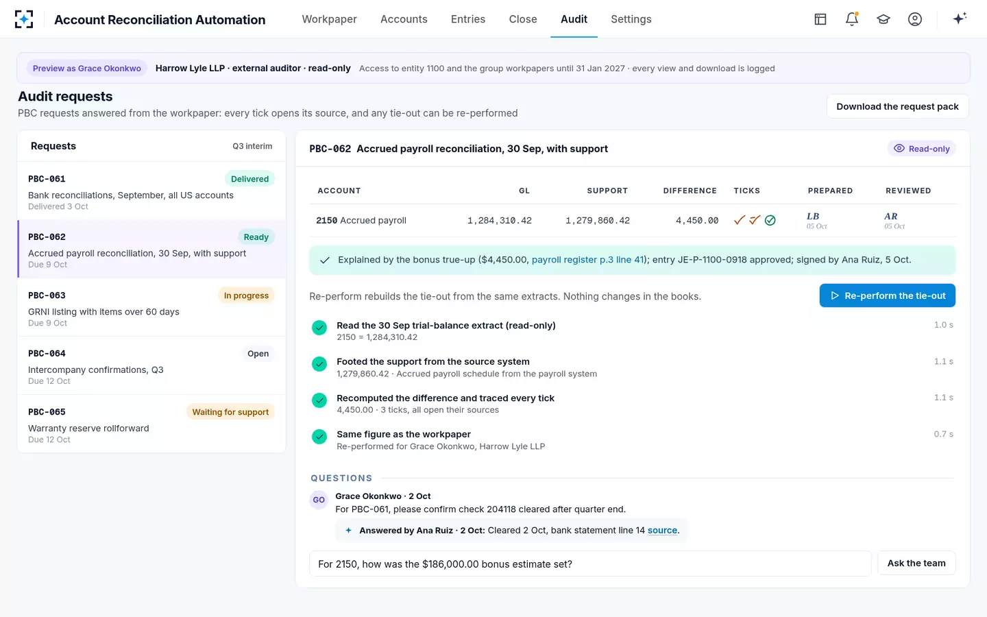 Account Reconciliation Automation — The auditor’s read-only view