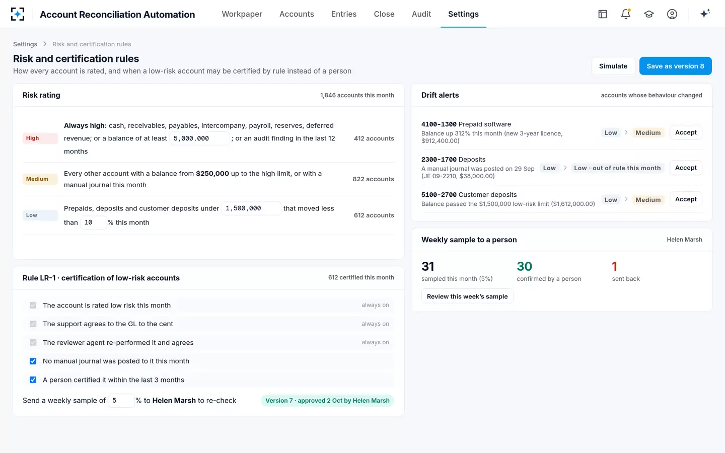 Account Reconciliation Automation — Risk and certification rules