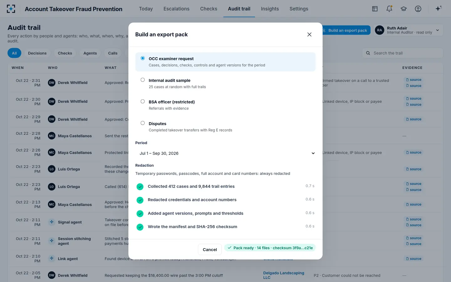 Account Takeover Fraud Prevention — Audit trail and examiner pack