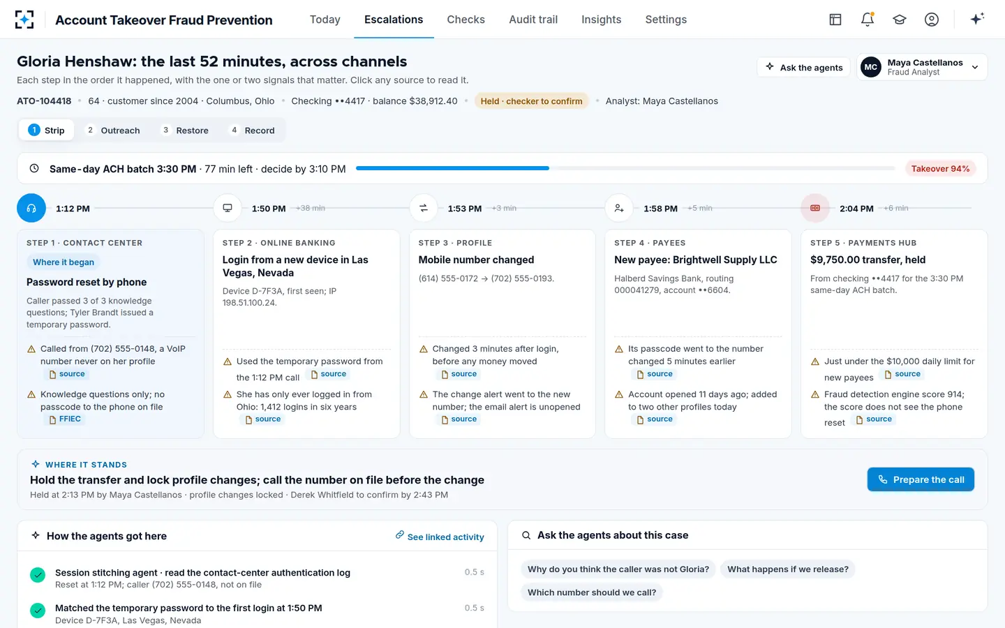 Account Takeover Fraud Prevention — Hold approved, profile locked