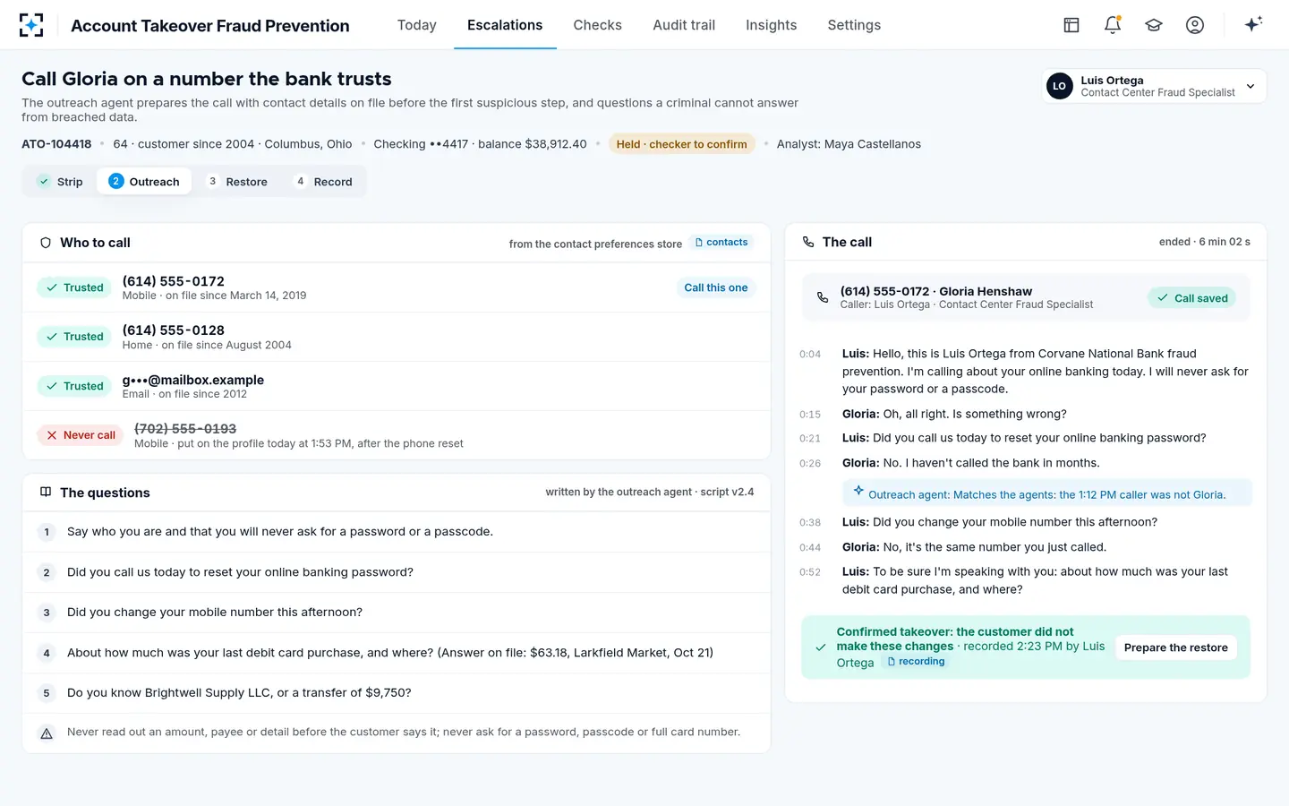 Account Takeover Fraud Prevention — Outreach on a trusted number
