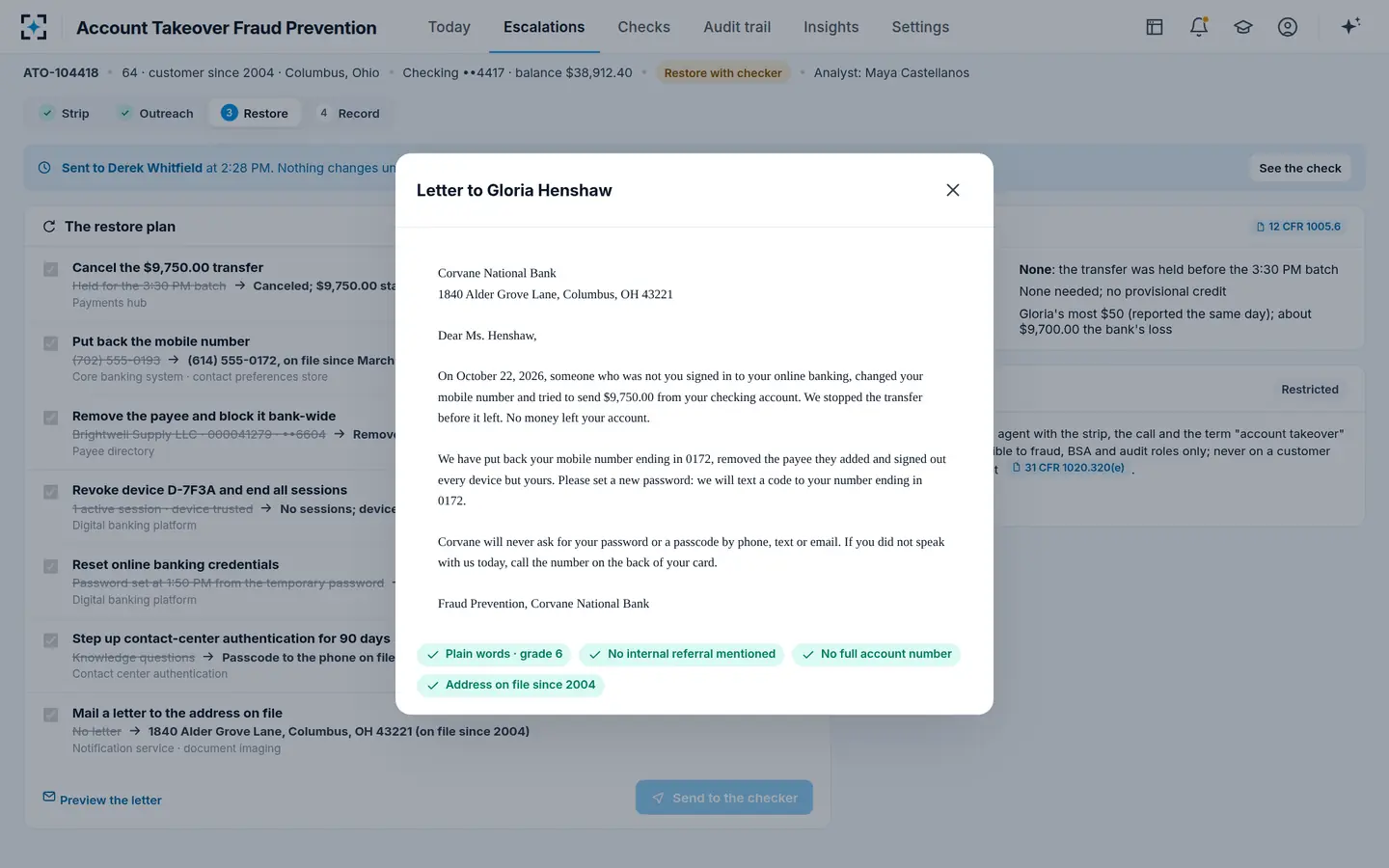 Account Takeover Fraud Prevention — Restore plan and customer letter