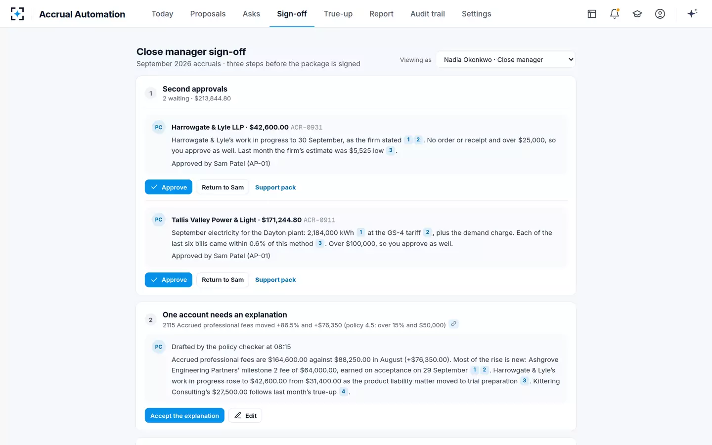 Accrual Automation — Close manager sign-off
