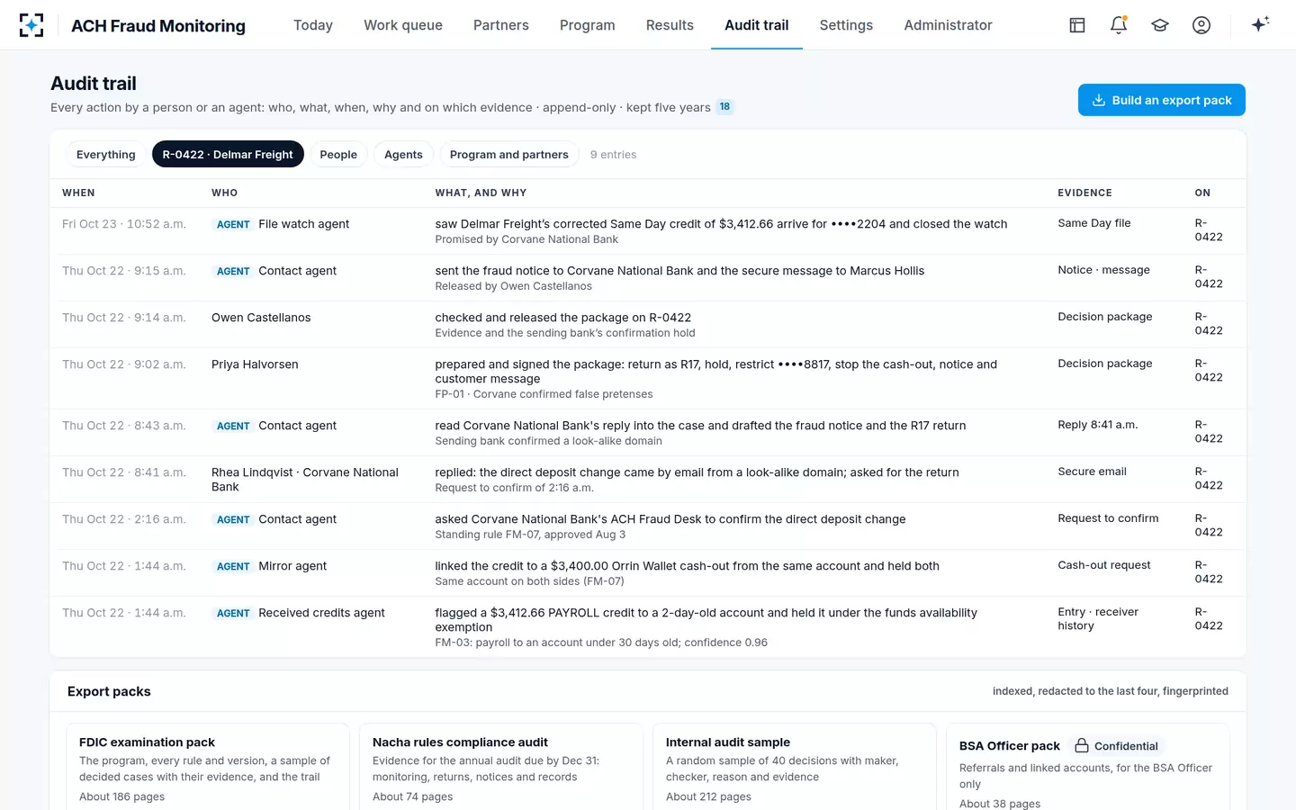 ACH Fraud Monitoring — The audit trail and export packs for examiners