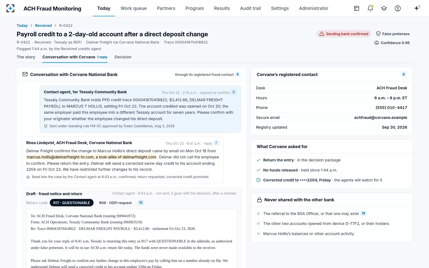 ACH Fraud Monitoring — The conversation with the sending bank, run by an agent