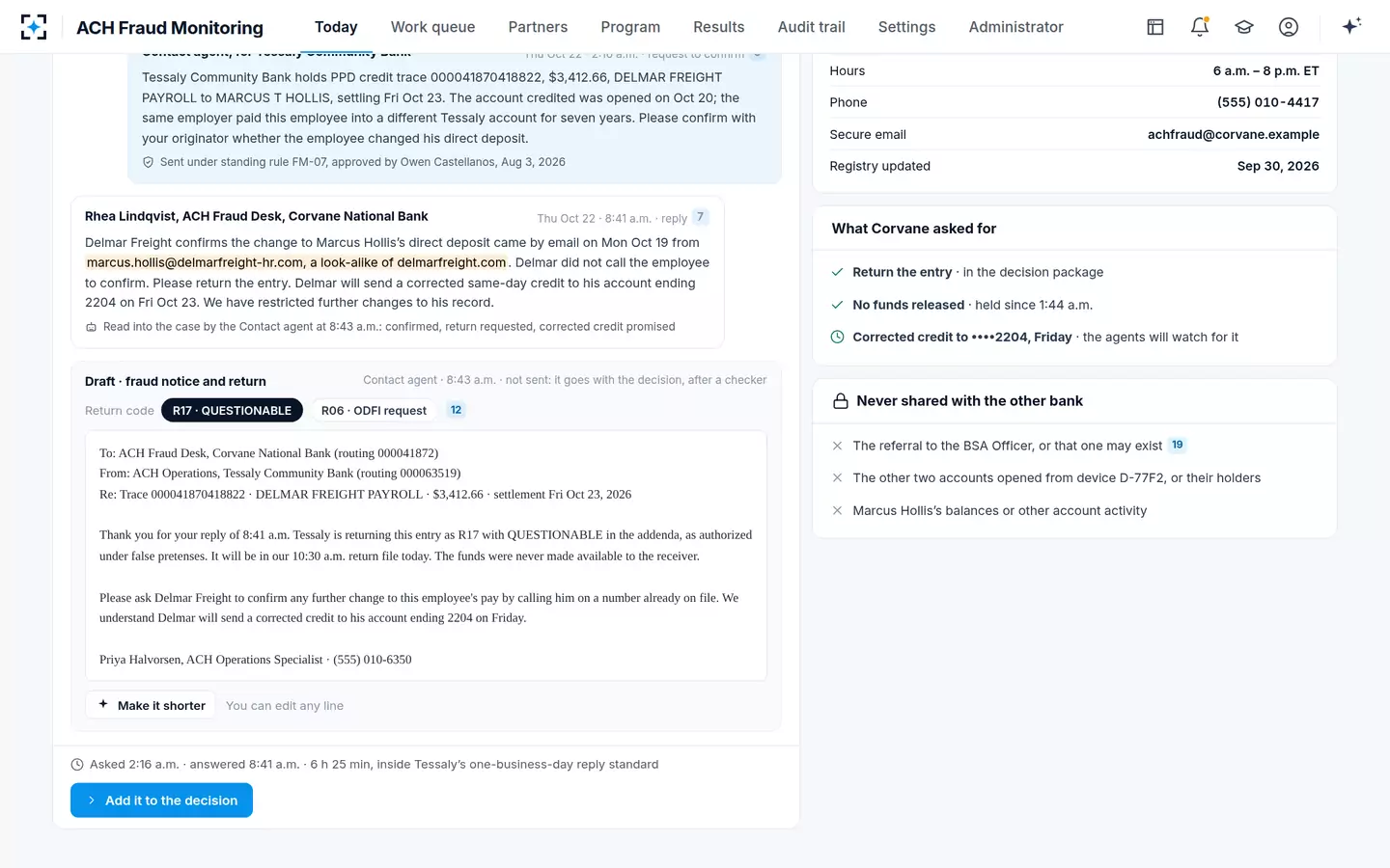 ACH Fraud Monitoring — A drafted fraud notice and R17 return, editable before anything is sent