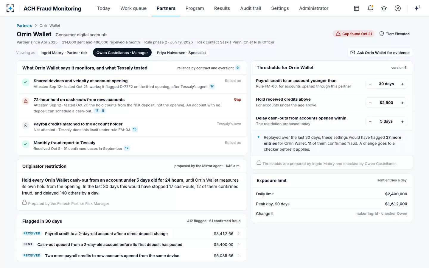 ACH Fraud Monitoring — A fintech partner's monitoring: attested, tested, and a gap closed
