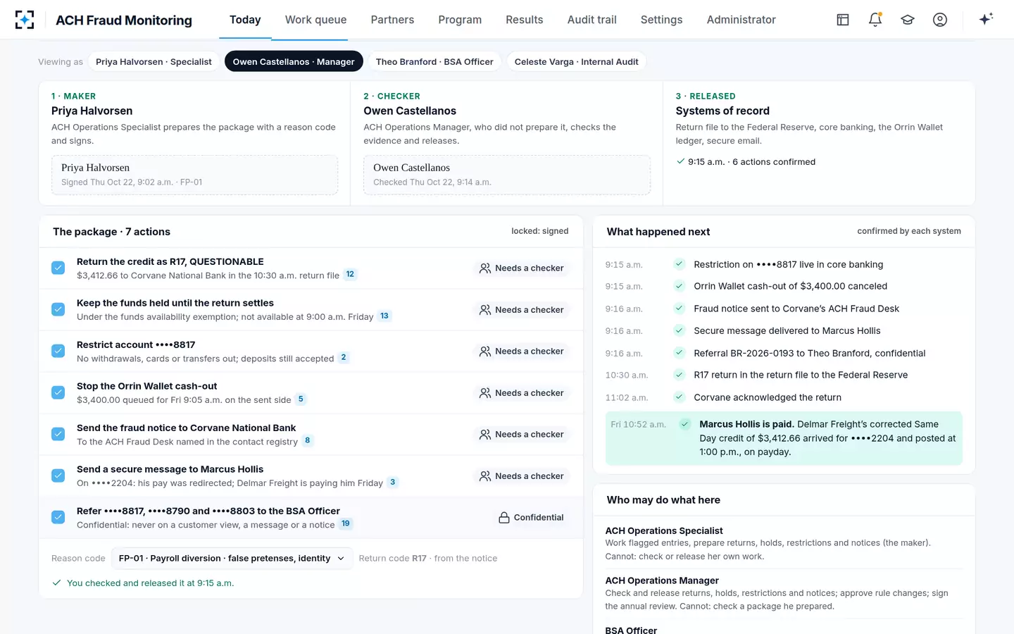 ACH Fraud Monitoring — The manager checks and releases; the employee is paid on Friday