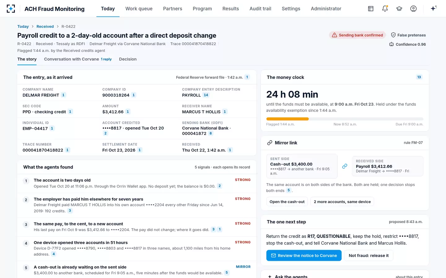 ACH Fraud Monitoring — A payroll credit to a two-day-old account, with one next step