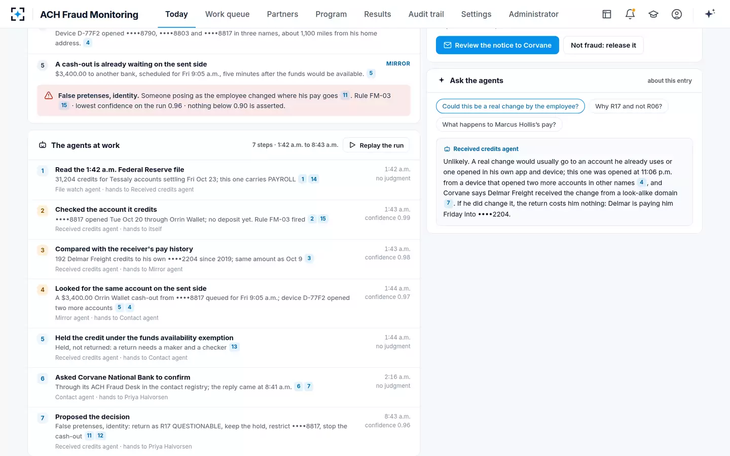 ACH Fraud Monitoring — The agents' run, step by step, and an answer with sources