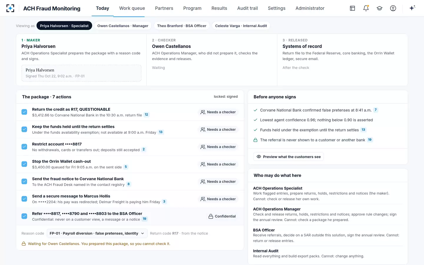 ACH Fraud Monitoring — The specialist prepares and signs the decision package