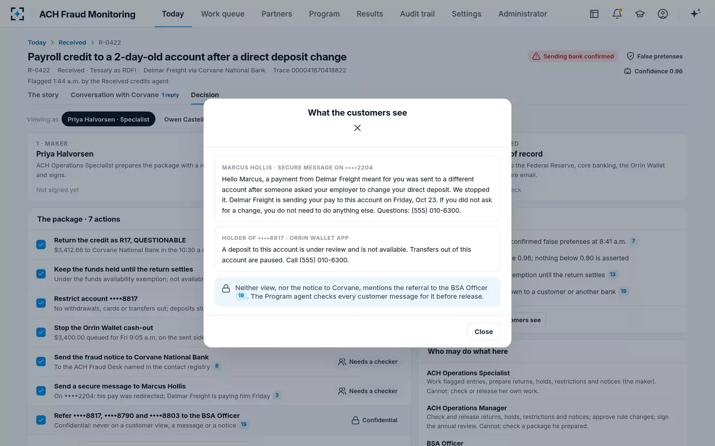 ACH Fraud Monitoring — What the customers see, with no tipping off