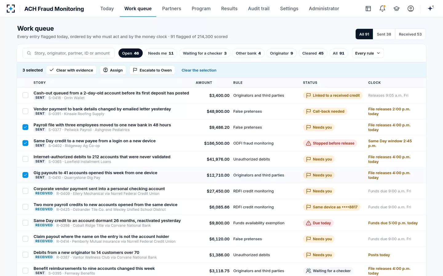 ACH Fraud Monitoring — The work queue with bulk actions, still checked