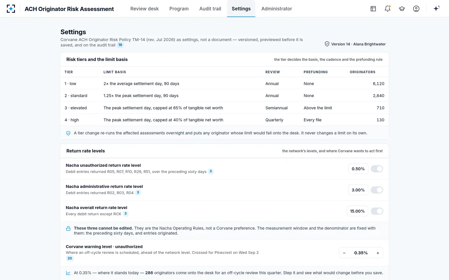 ACH Originator Risk Assessment — Your ACH risk policy as settings