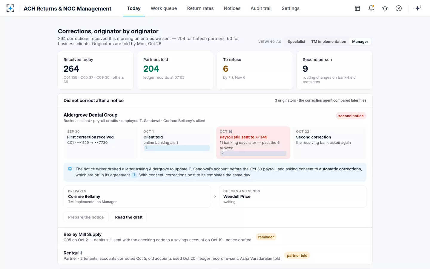 ACH Returns & NOC Management — ACH NOCs followed through to the originator