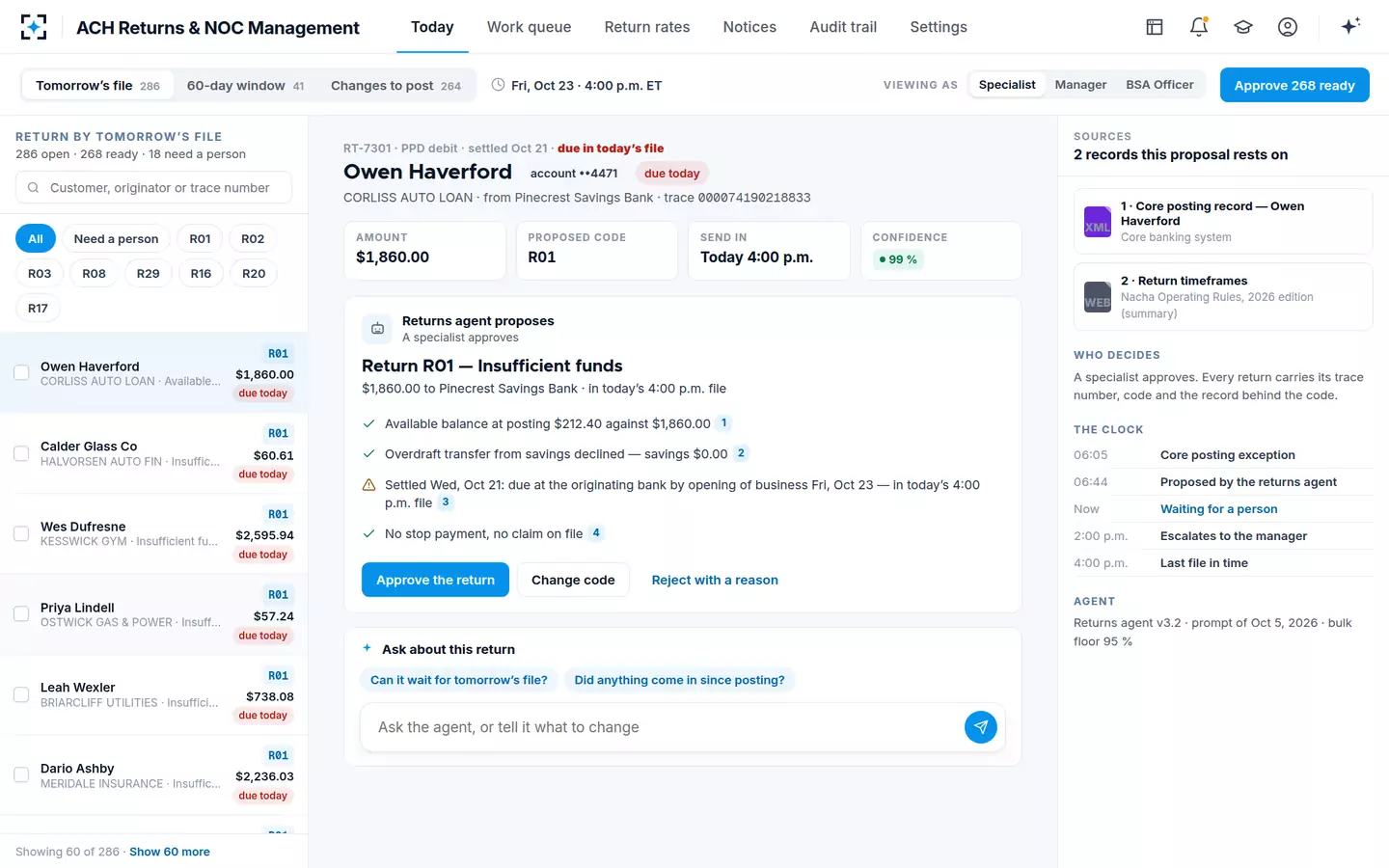 ACH Returns & NOC Management — Each ACH return arrives with its code, rule and deadline