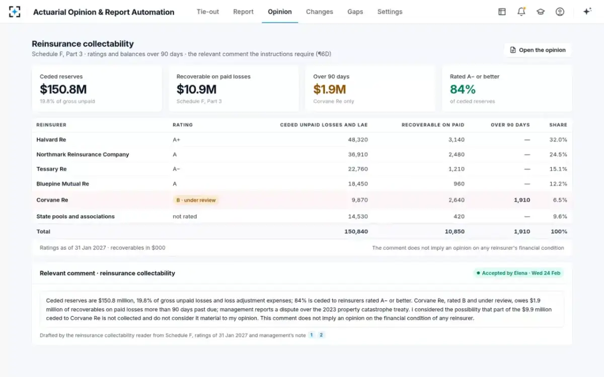 Actuarial Opinion & Report Automation — Reinsurance collectability