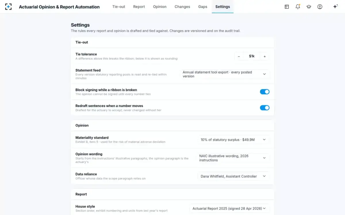 Actuarial Opinion & Report Automation — Settings