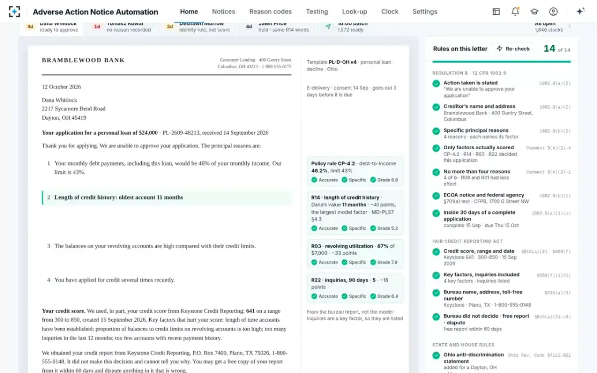 Adverse Action Notice Automation — Reason rewritten from the factor