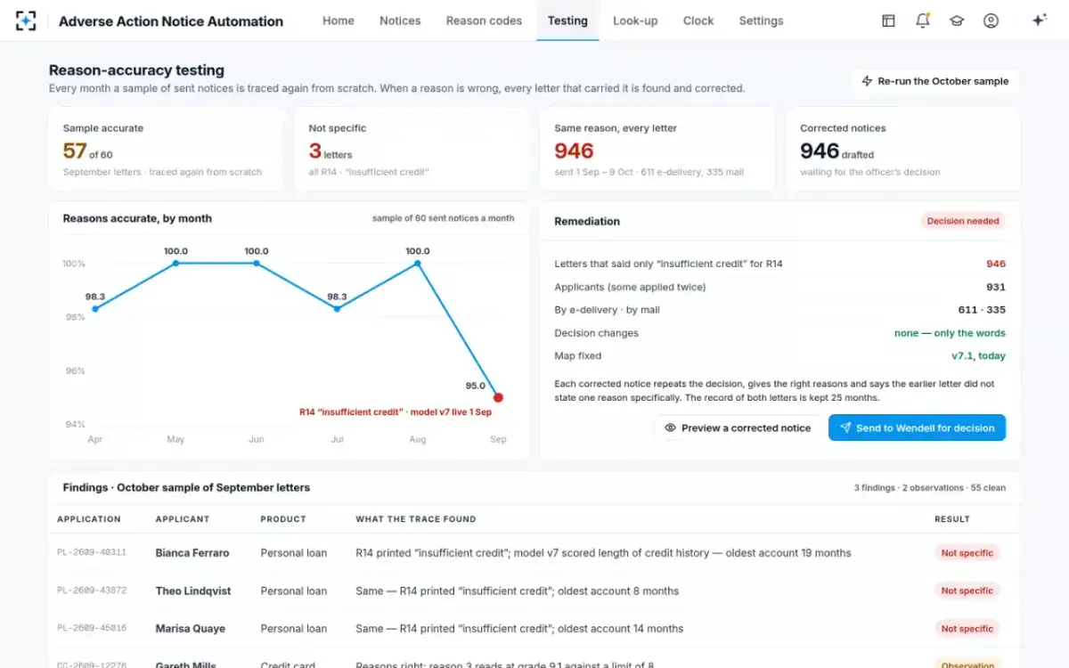 Adverse Action Notice Automation — Reason-accuracy testing