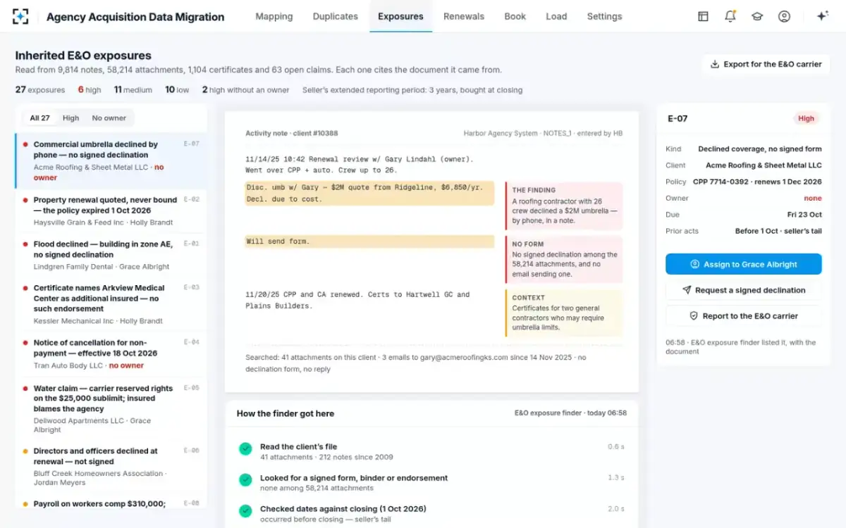 Agency Acquisition Data Migration — Inherited E&O exposures