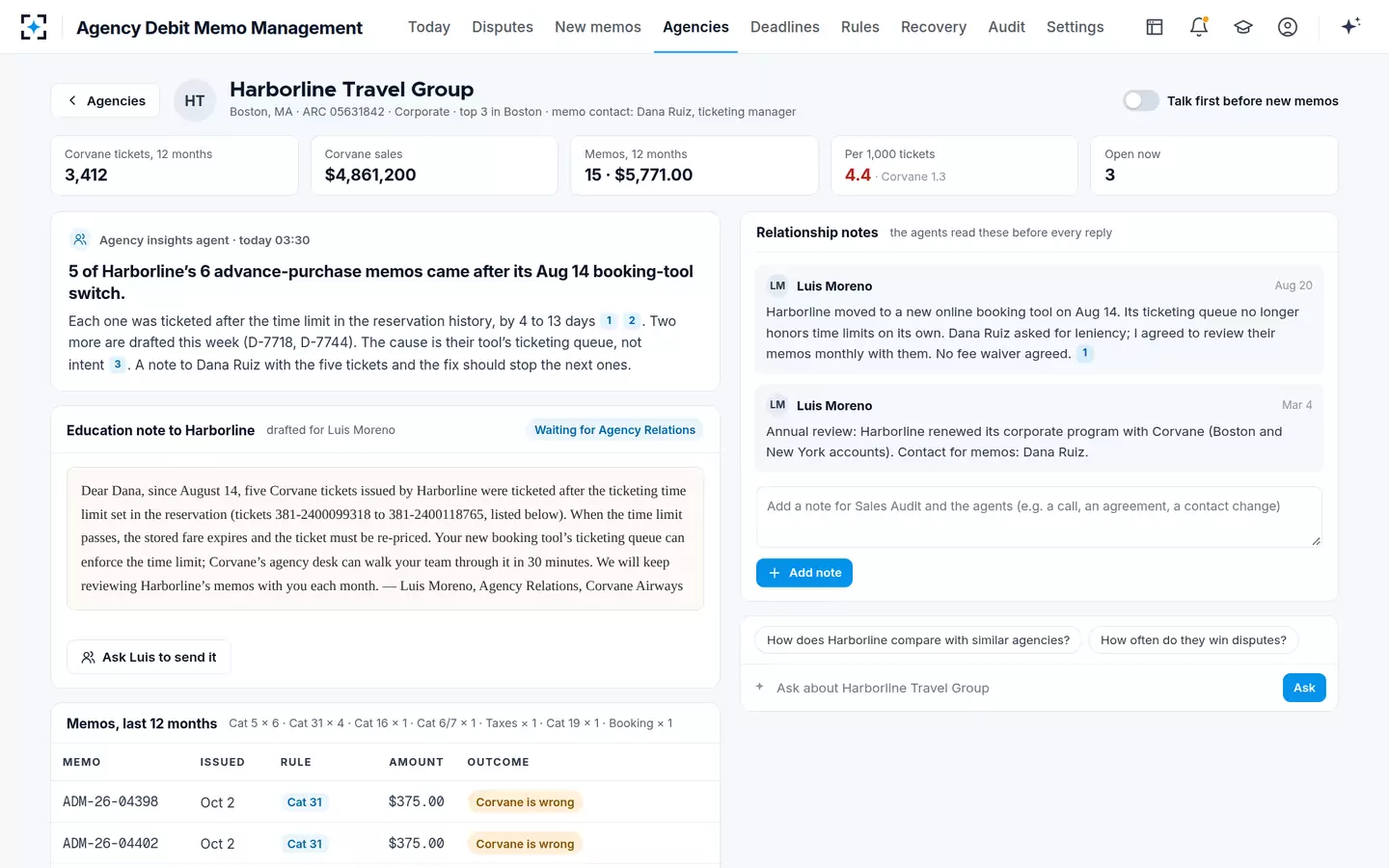 Agency Debit Memo Management — Agency history