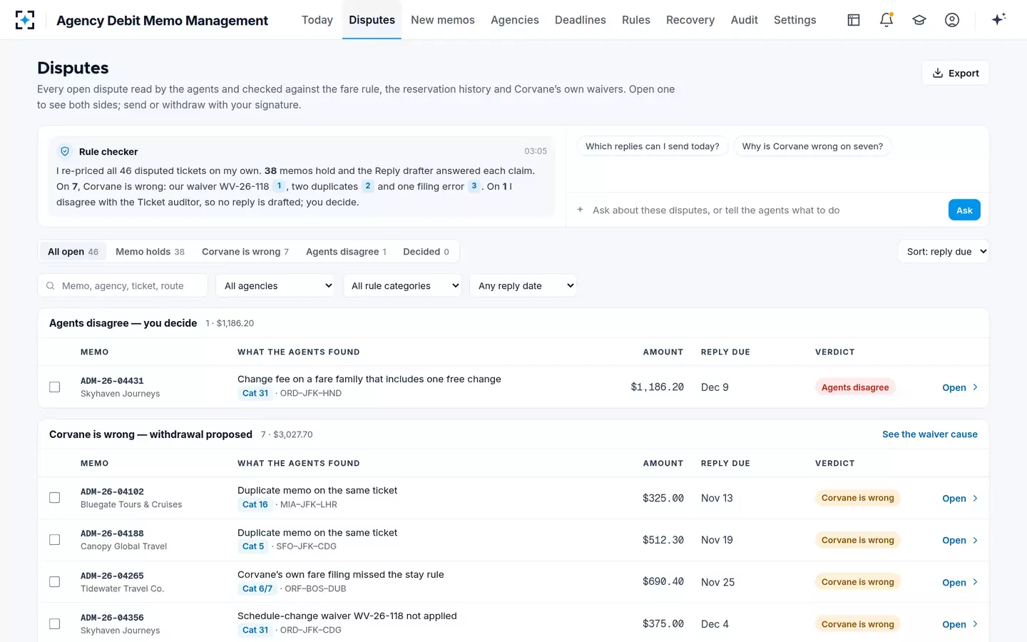 Agency Debit Memo Management — Disputes by verdict