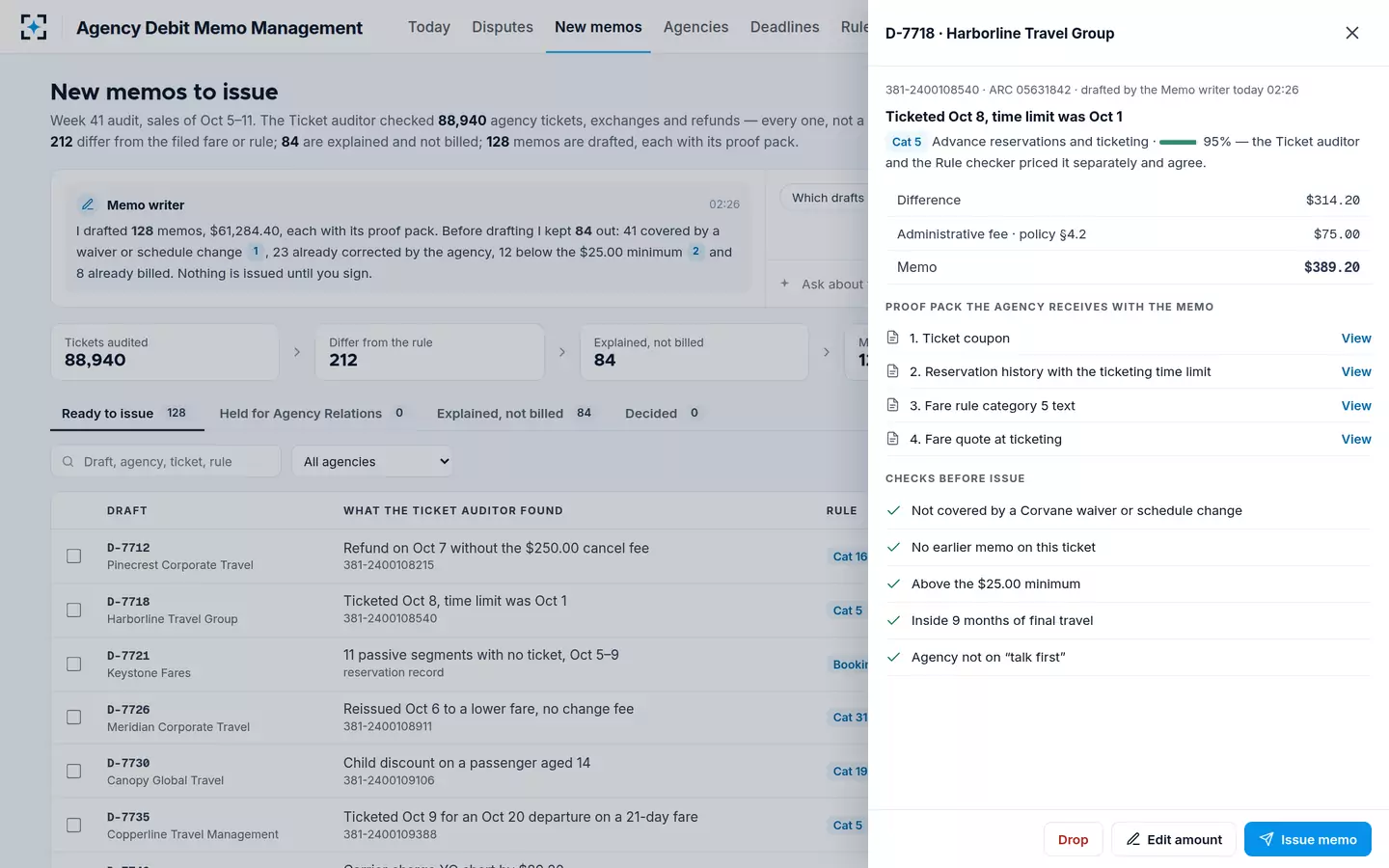 Agency Debit Memo Management — New memos with proof packs