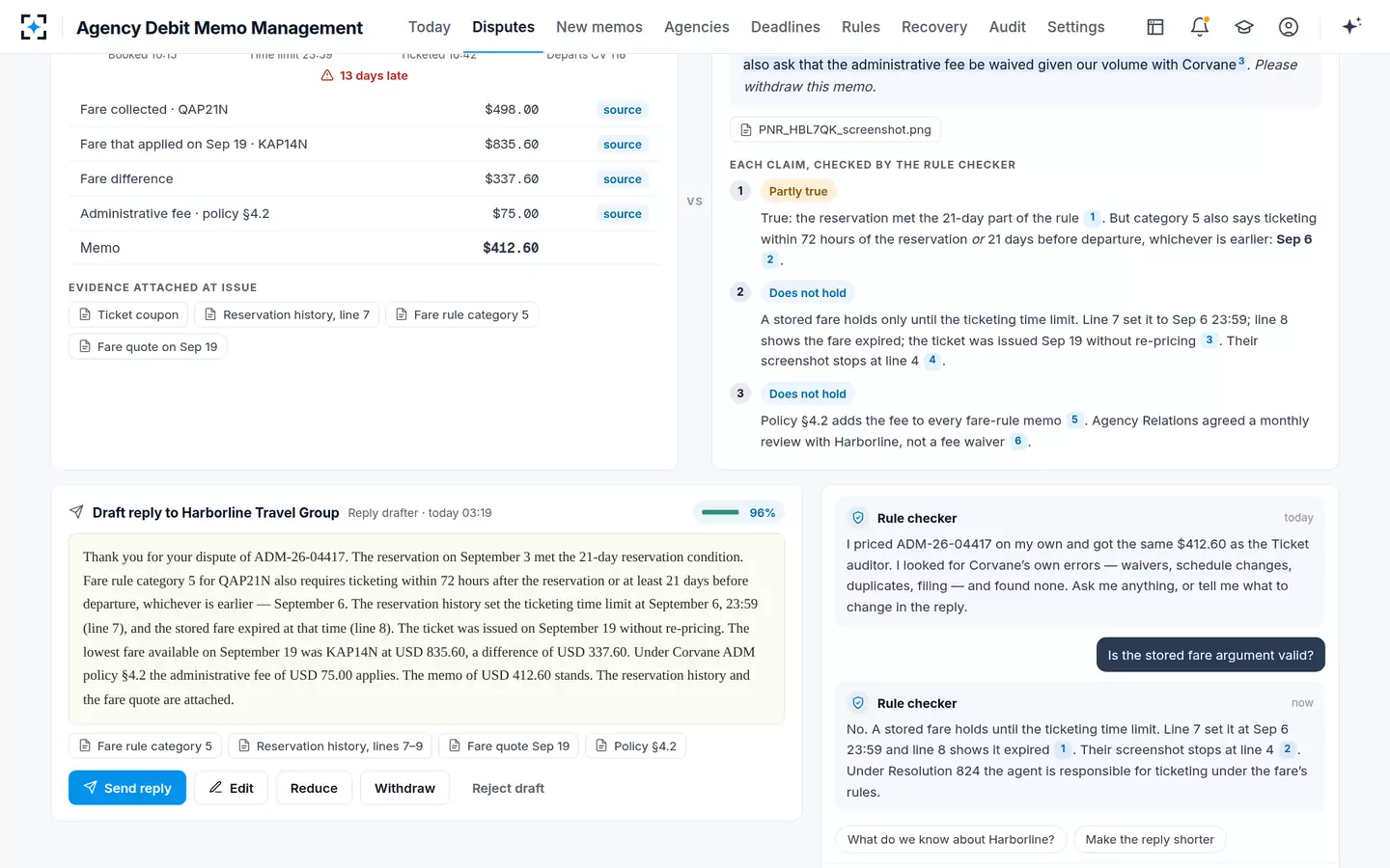 Agency Debit Memo Management — The cited draft reply