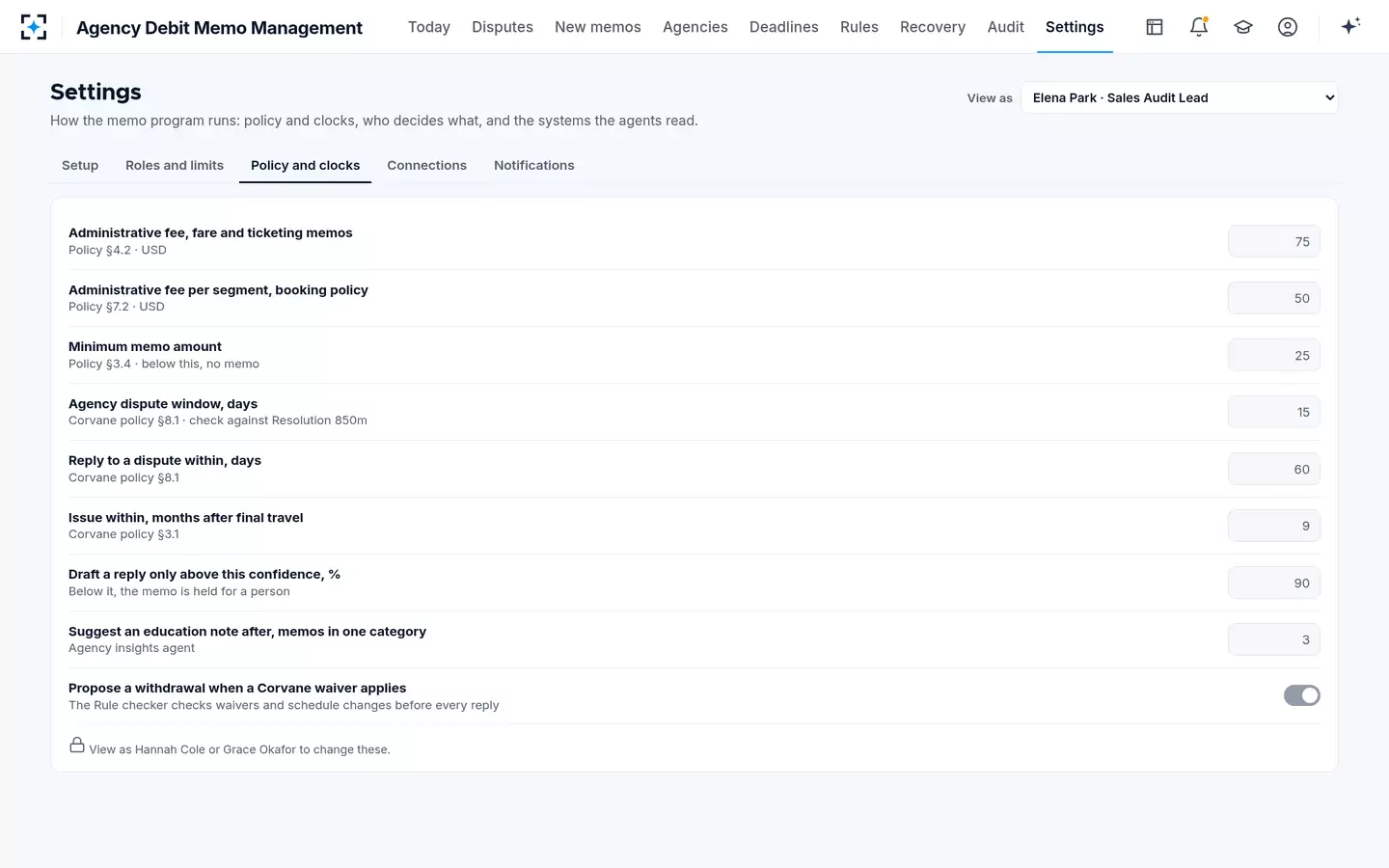 Agency Debit Memo Management — Policy and clocks